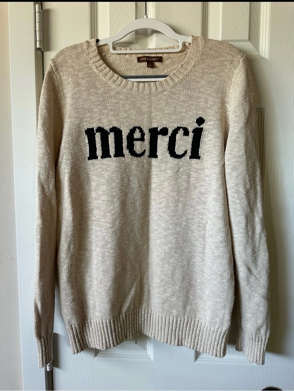 Hive & Honey Ivory Crewneck Sweater with Black 'merci' Script